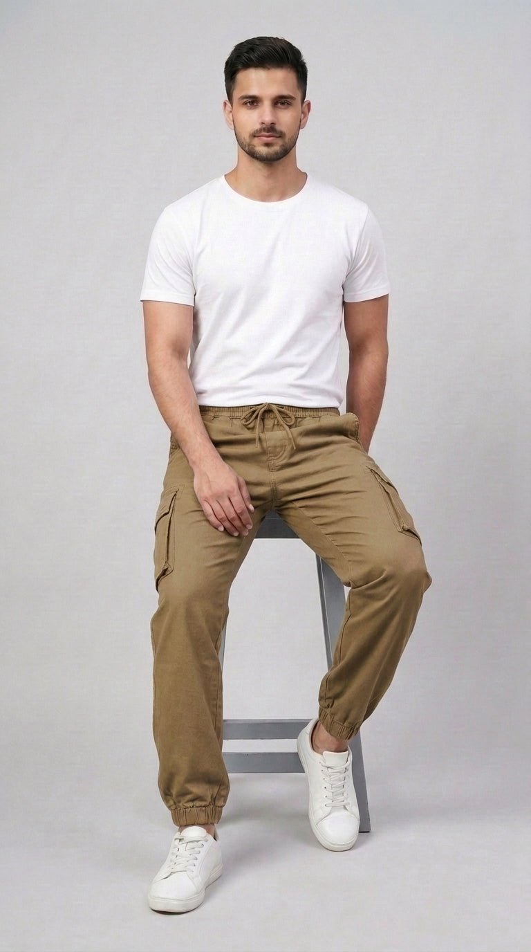 AT7X Khaki Classic 5 pocket loose fit jogger trouser for men, seated view showing loose fit and gathered ankle cuff