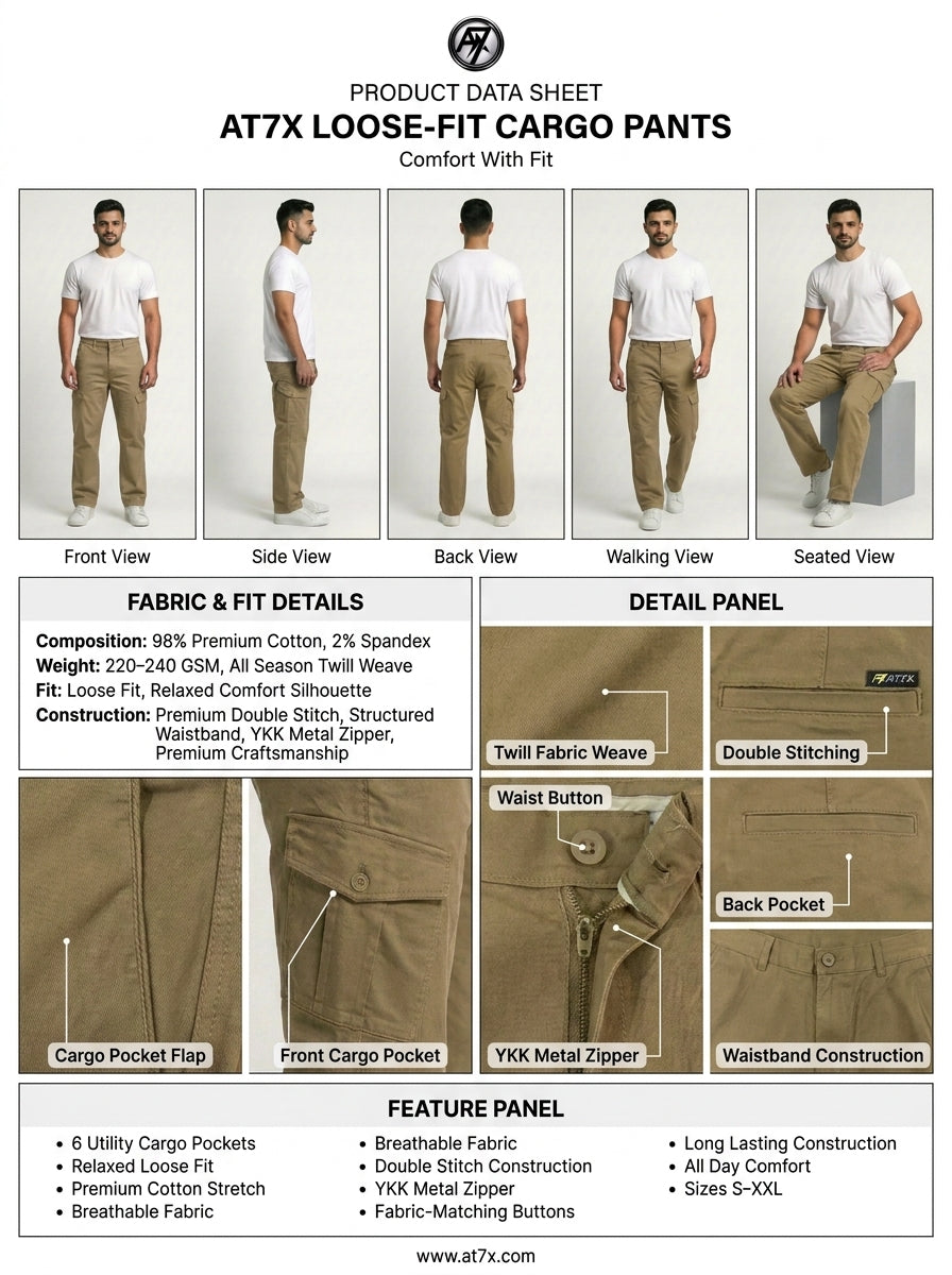 Khaki Beige Loose Fit Cargo Pants for Men in Pakistan | AT7X