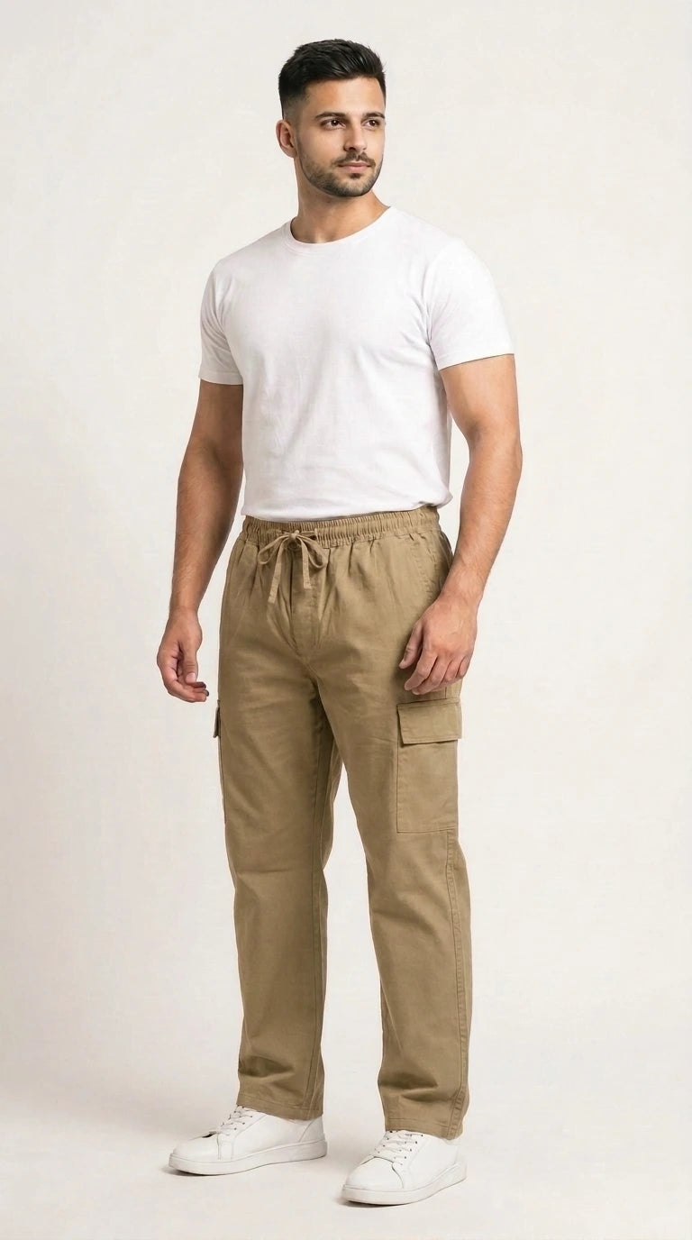 Khaki Classic Loose Fit Cargo Trouser for Men in Pakistan | AT7X