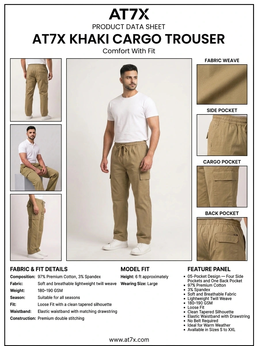 Khaki Classic Loose Fit Cargo Trouser for Men in Pakistan | AT7X