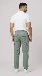 AT7X light green loose fit cargo trouser for men, back view showing rear pockets
