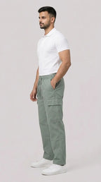AT7X light green loose fit cargo trouser for men, side view showing cargo pocket