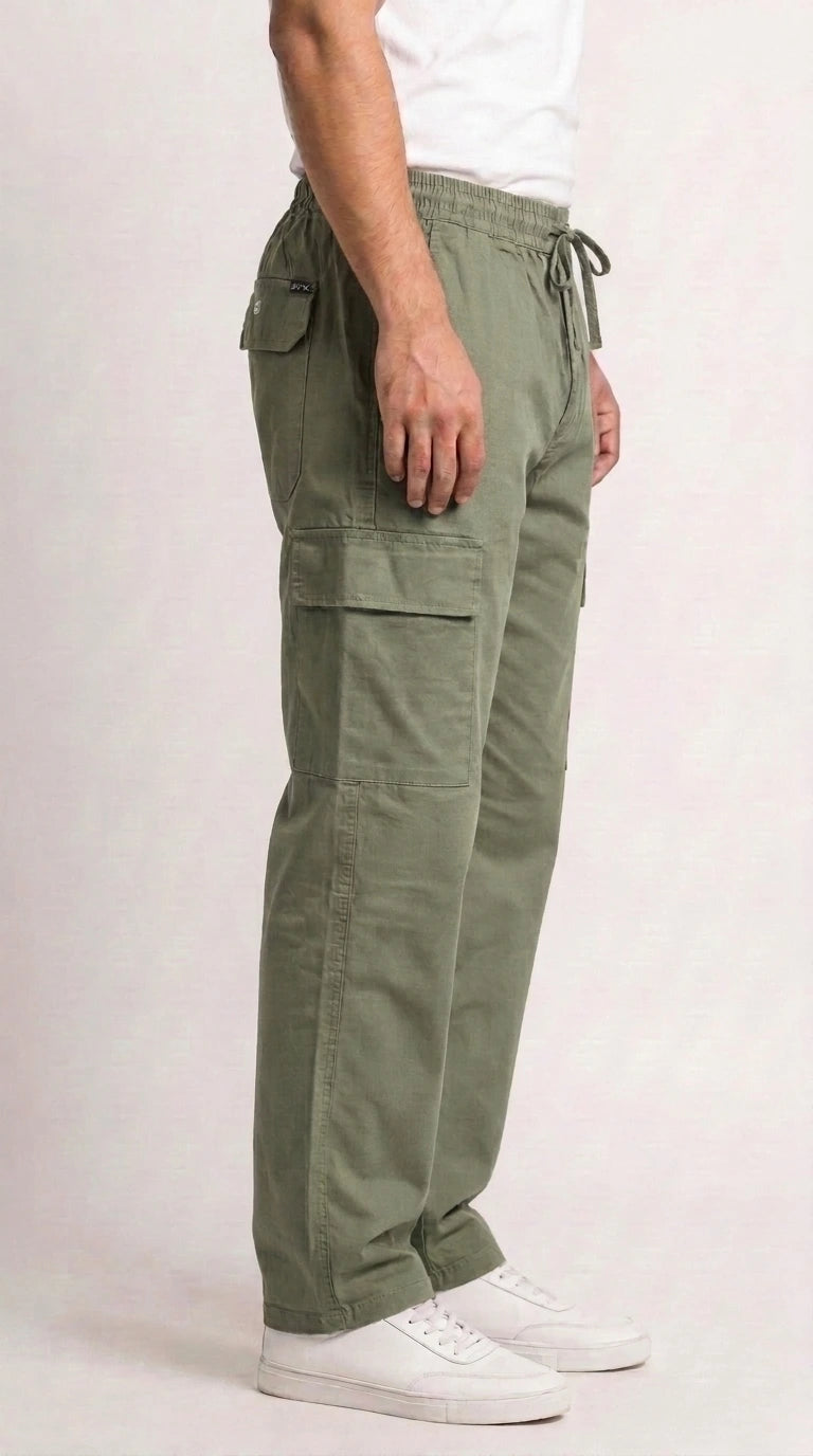 AT7X light green 5 pocket loose fit cargo trouser for men, side view showing cargo pocket