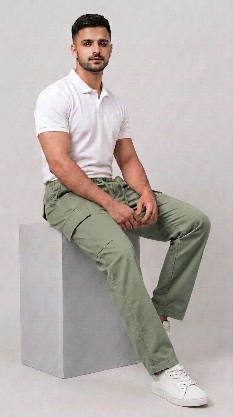 AT7X light green 5 pocket loose fit cargo trouser for men, seated view showing relaxed fit