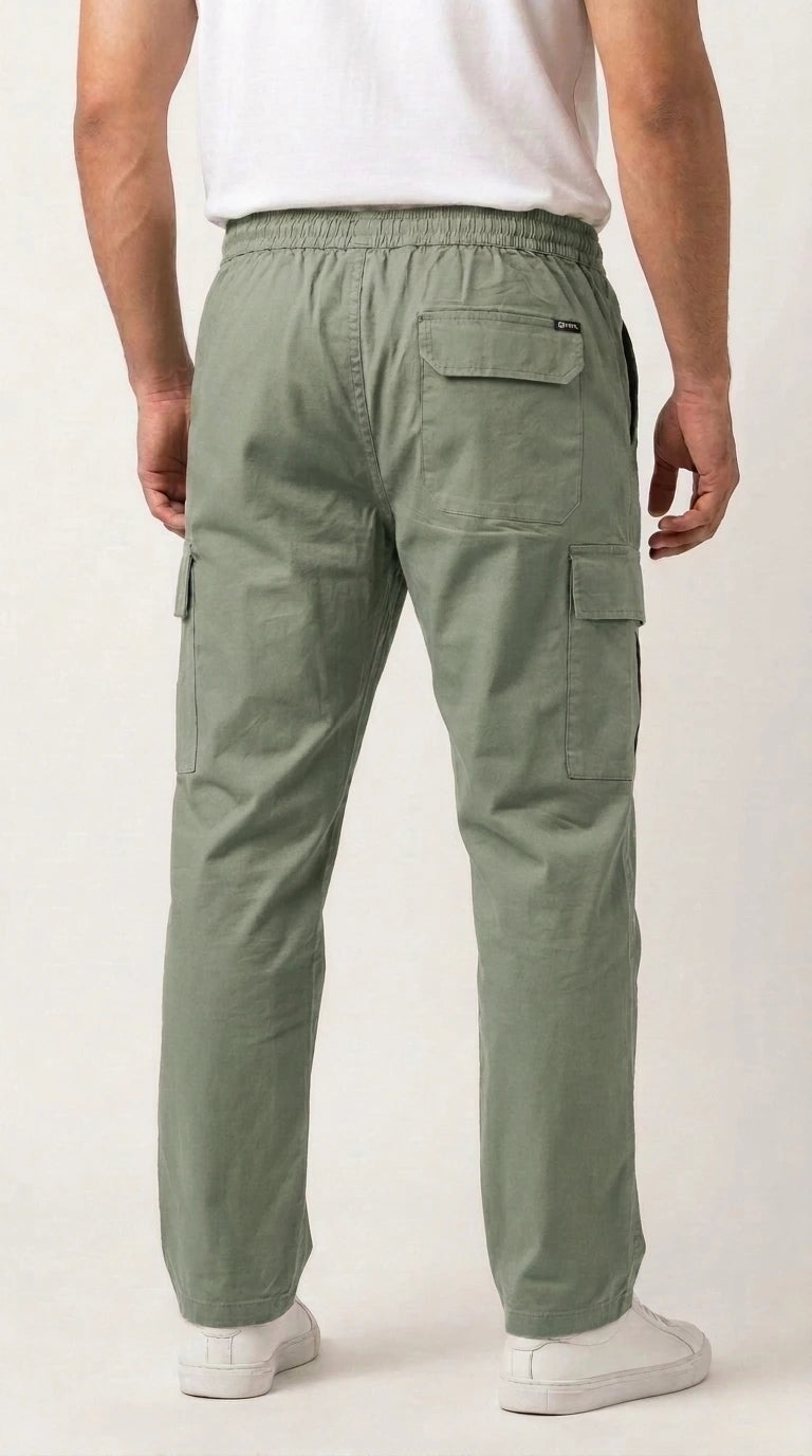 AT7X light green 5 pocket loose fit cargo trouser for men, back view showing single rear pocket