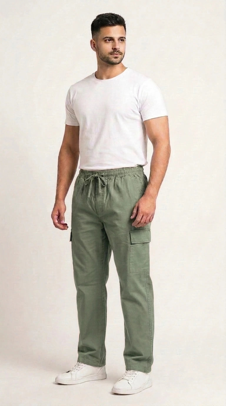 AT7X light green 5 pocket loose fit cargo trouser for men, front view, Pakistan