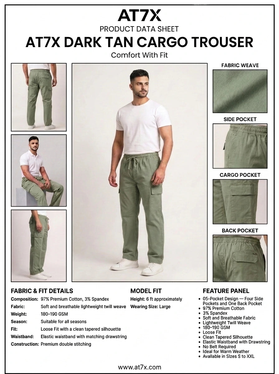 AT7X light green 5 pocket loose fit cargo trouser outfit data sheet, 97 percent cotton twill specification