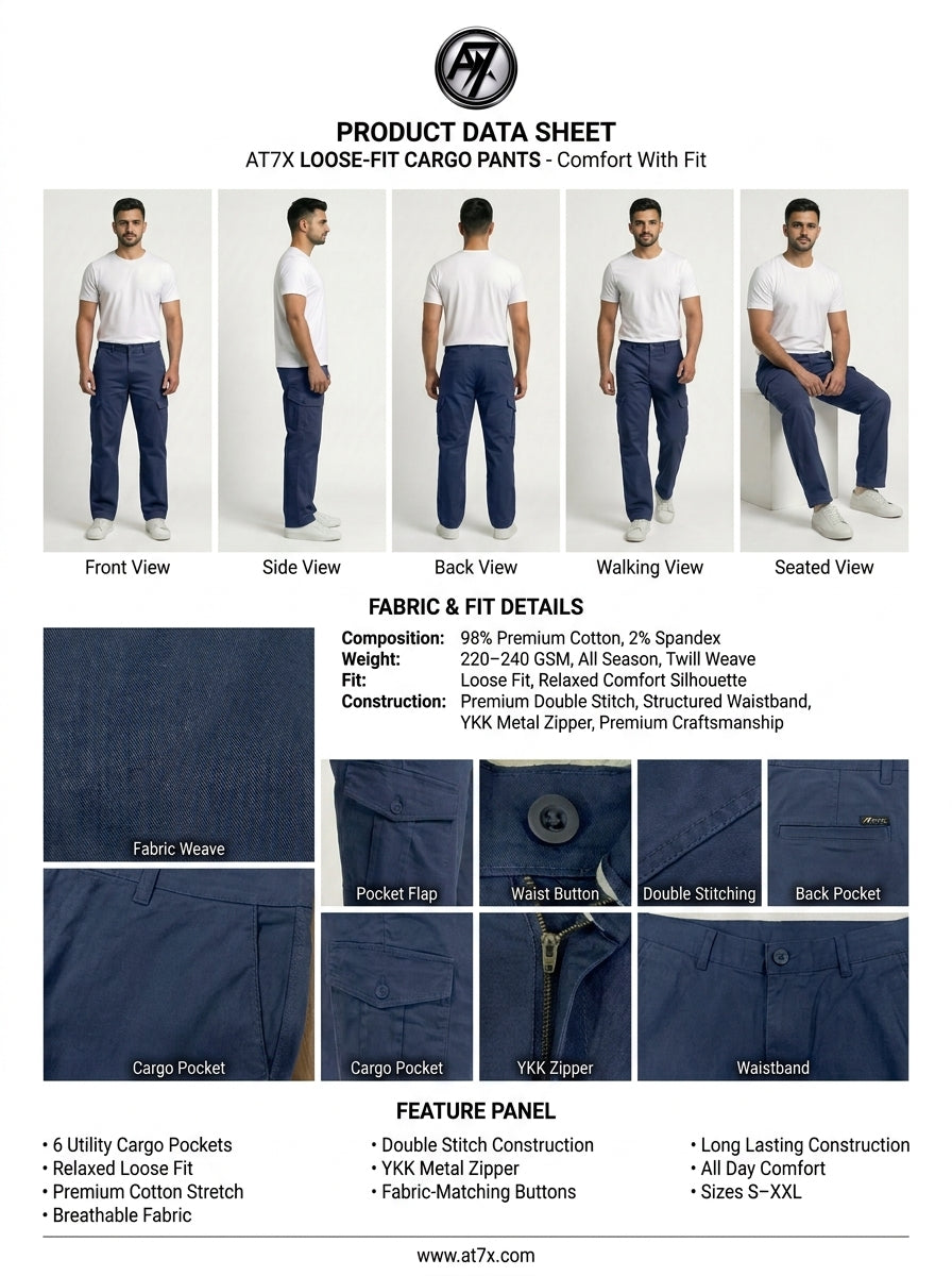 Navy Blue Loose Fit Cargo Pants for Men in Pakistan | AT7X