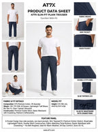 AT7X navy blue slim fit plain trouser outfit data sheet, 97 percent cotton twill 160-170 GSM specification
