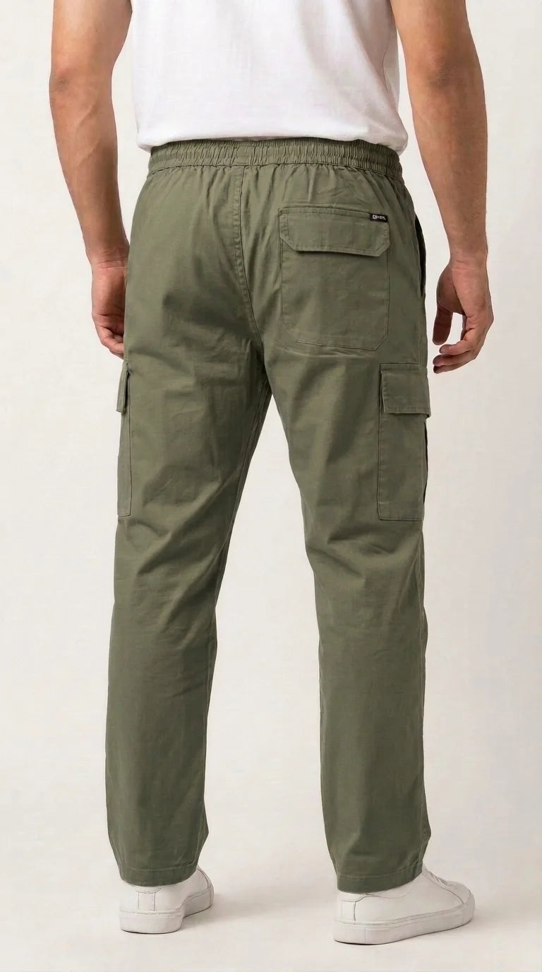 AT7X olive green 5 pocket loose fit cargo trouser for men, back view showing single rear pocket
