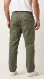 AT7X olive green 5 pocket loose fit cargo trouser for men, back view showing single rear pocket