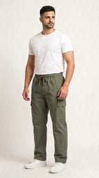 AT7X olive green 5 pocket loose fit cargo trouser for men, front view, Pakistan