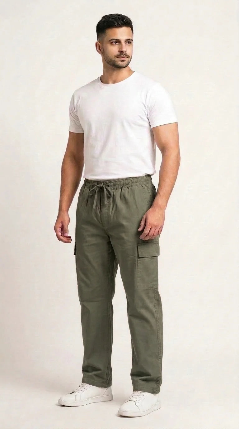 AT7X olive green 5 pocket loose fit cargo trouser for men, front view, Pakistan