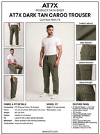 AT7X olive green 5 pocket loose fit cargo trouser outfit data sheet, 97 percent cotton twill specification