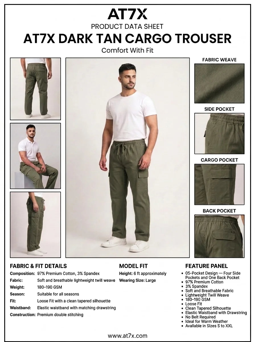 AT7X olive green 5 pocket loose fit cargo trouser outfit data sheet, 97 percent cotton twill specification