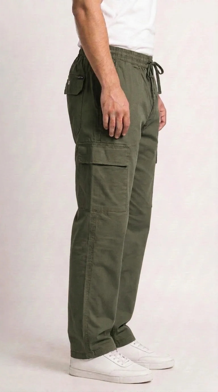 AT7X olive green 5 pocket loose fit cargo trouser for men, side view showing cargo pocket