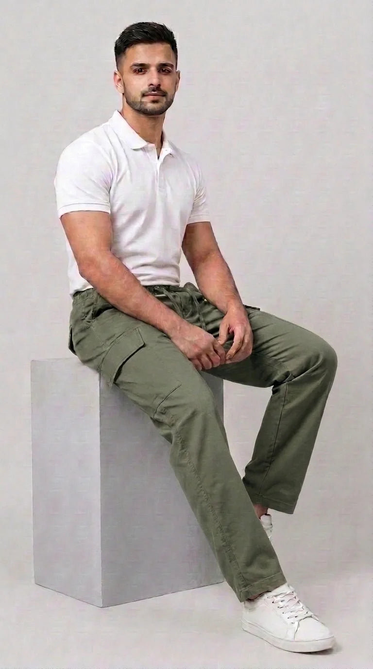 AT7X olive green 5 pocket loose fit cargo trouser for men, seated view showing relaxed fit