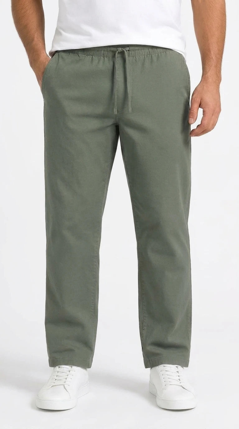 AT7X olive green slim fit plain trouser for men, front view, Pakistan