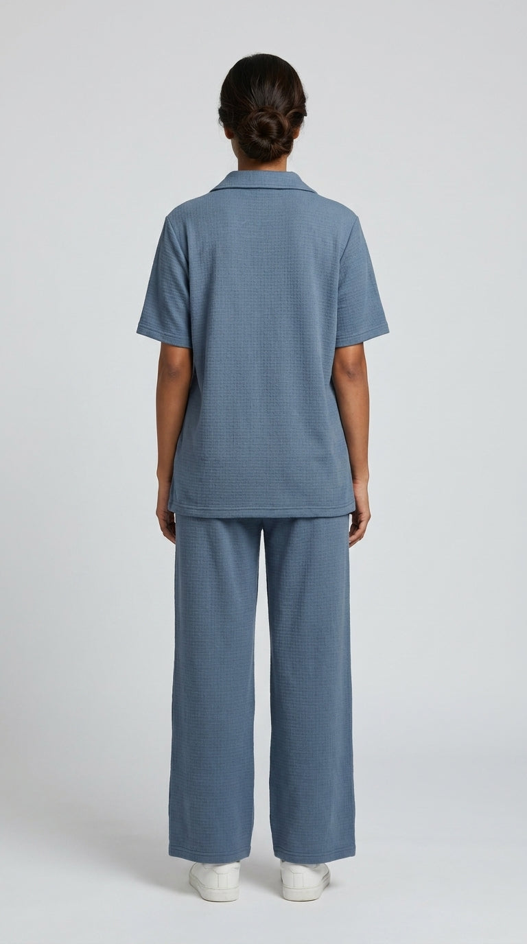 AT7X Steel Blue sleepwear co-ord set, back view