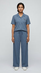 AT7X Steel Blue sleepwear co-ord set, front view, half-sleeve shirt and wide leg trouser