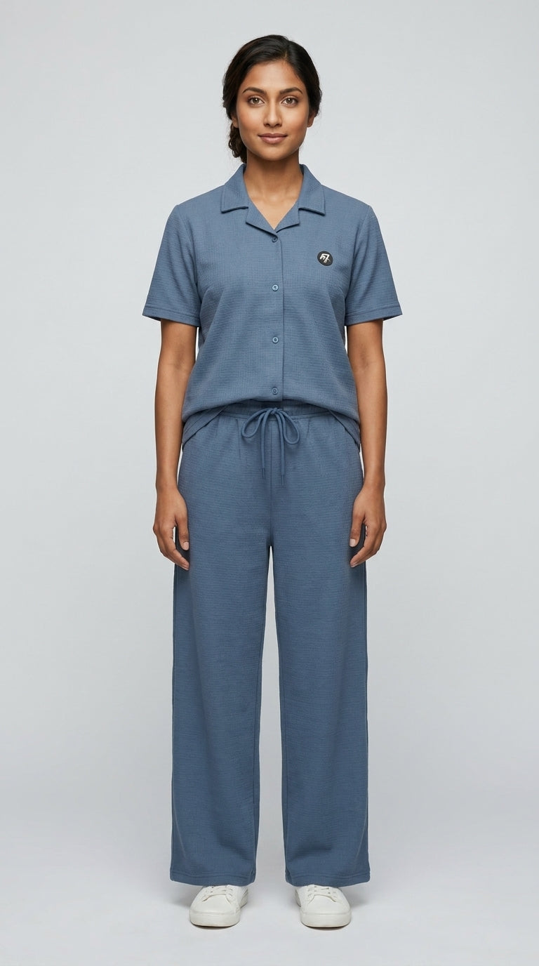AT7X Steel Blue sleepwear co-ord set, front view, half-sleeve shirt and wide leg trouser