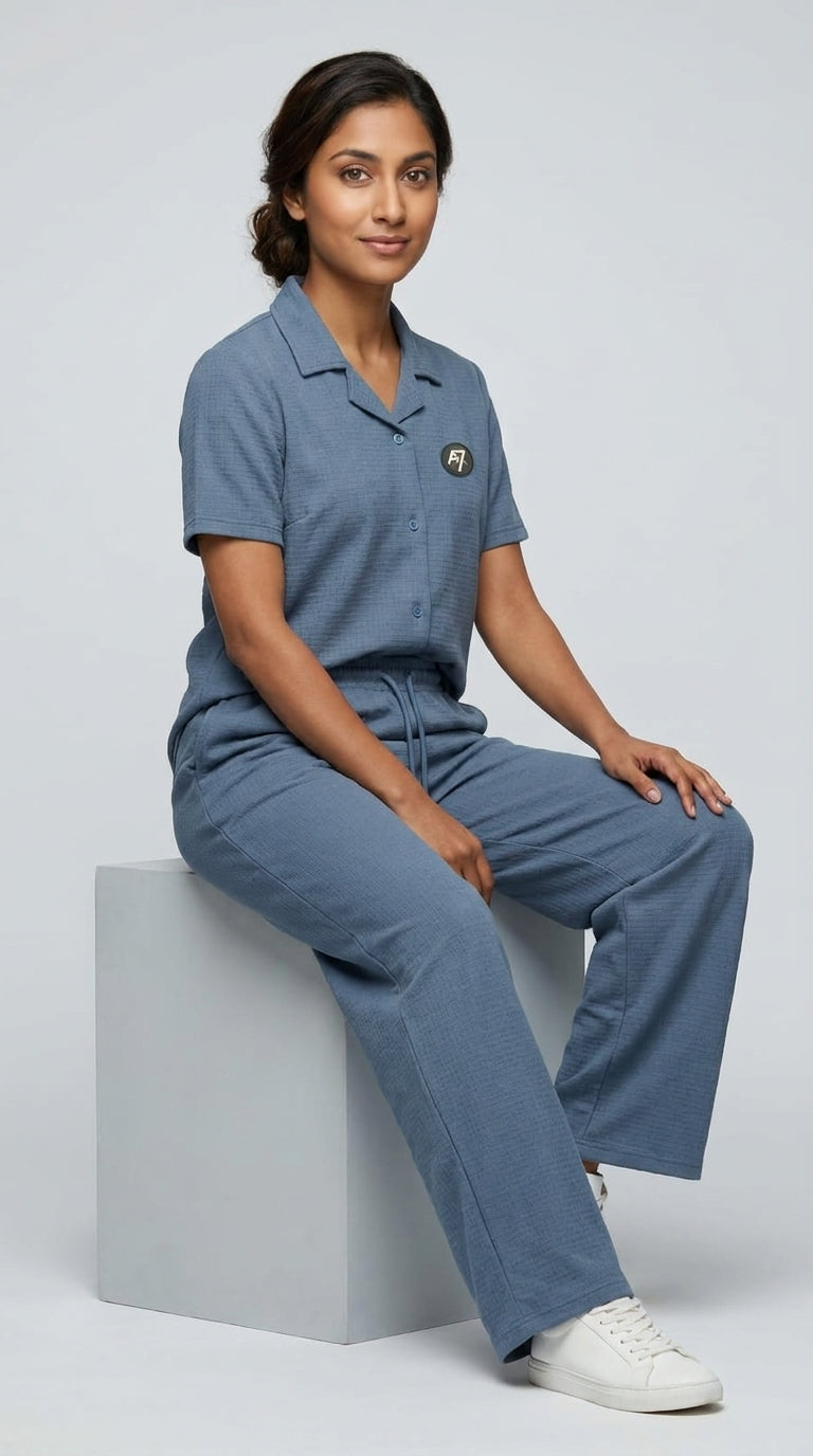 AT7X Steel Blue sleepwear co-ord set, seated view showing relaxed fit and jacquard interlock fabric