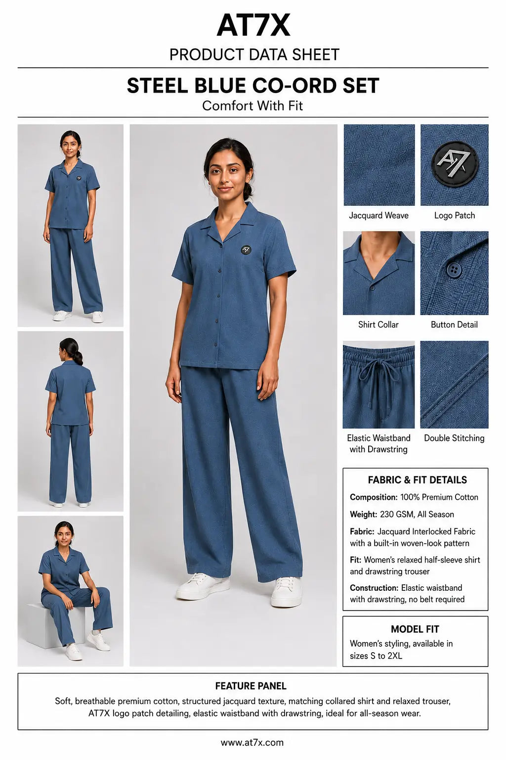 AT7X Steel Blue co-ord set outfit data sheet, fabric and size specification