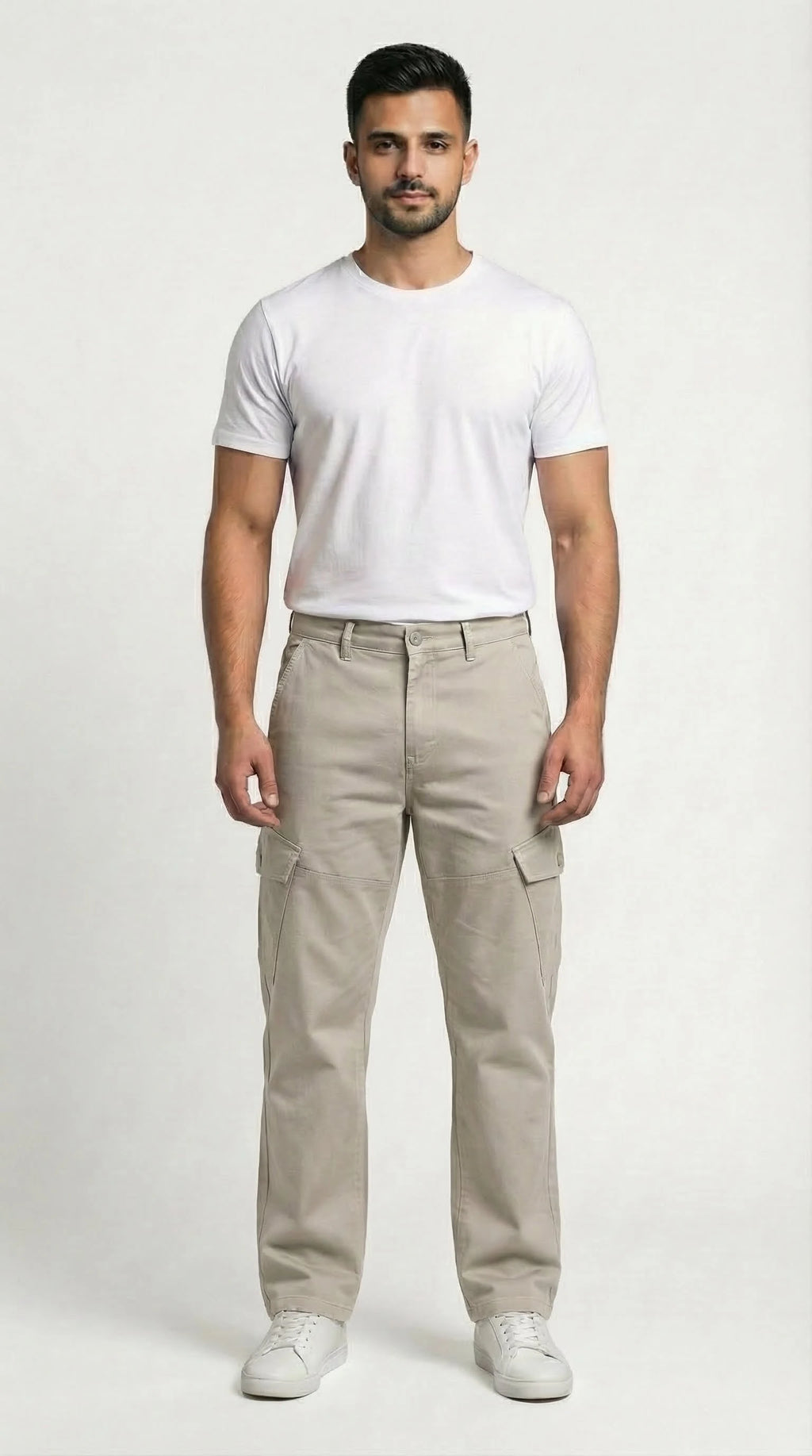 AT7X beige loose fit cargo pants for men, front view, Pakistan