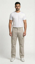 AT7X beige loose fit cargo pants for men, front view, Pakistan
