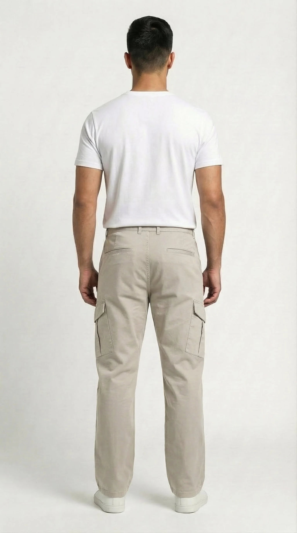 AT7X beige loose fit cargo pants for men, side view