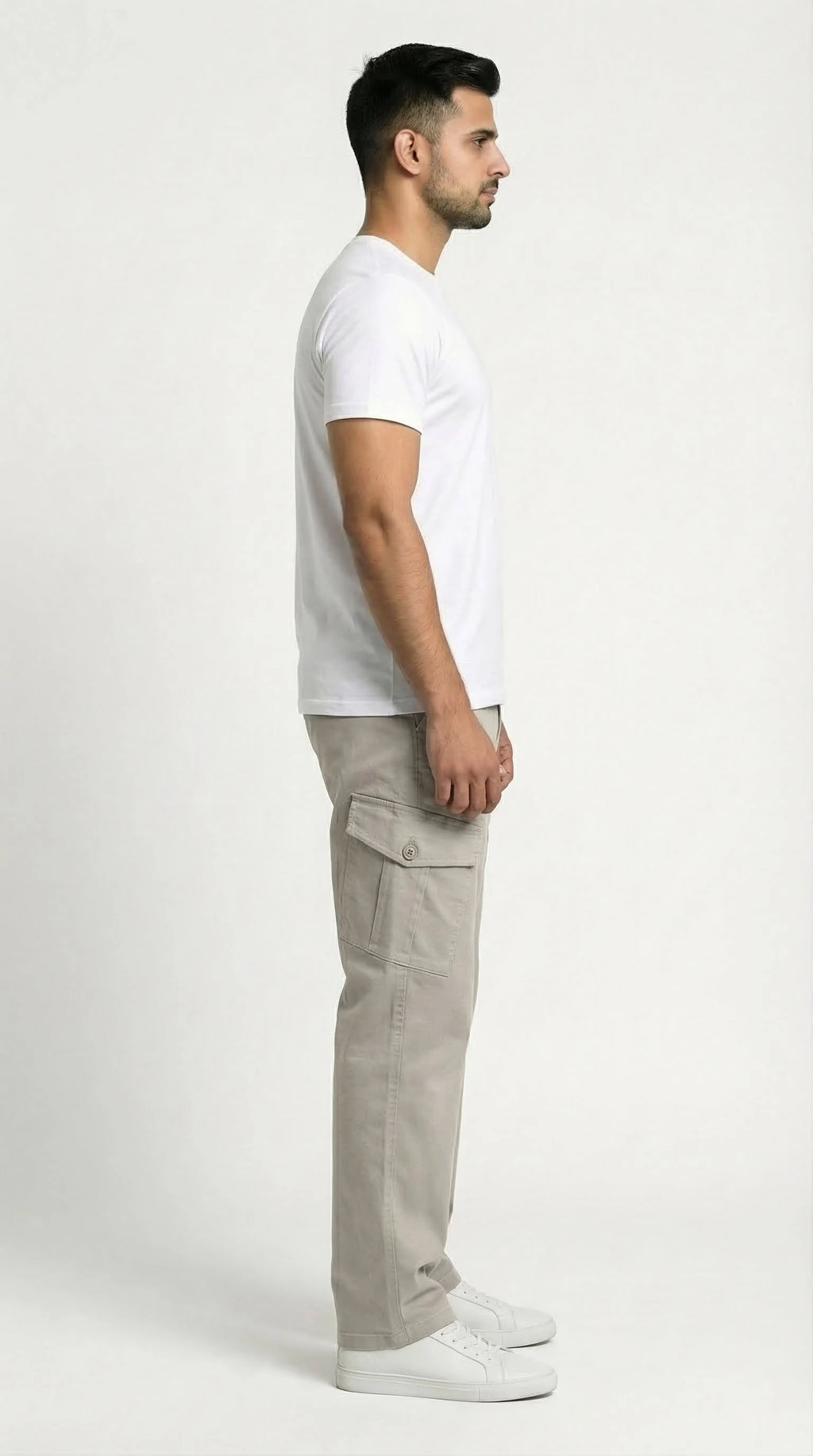 AT7X beige loose fit cargo pants for men, full length styled view
