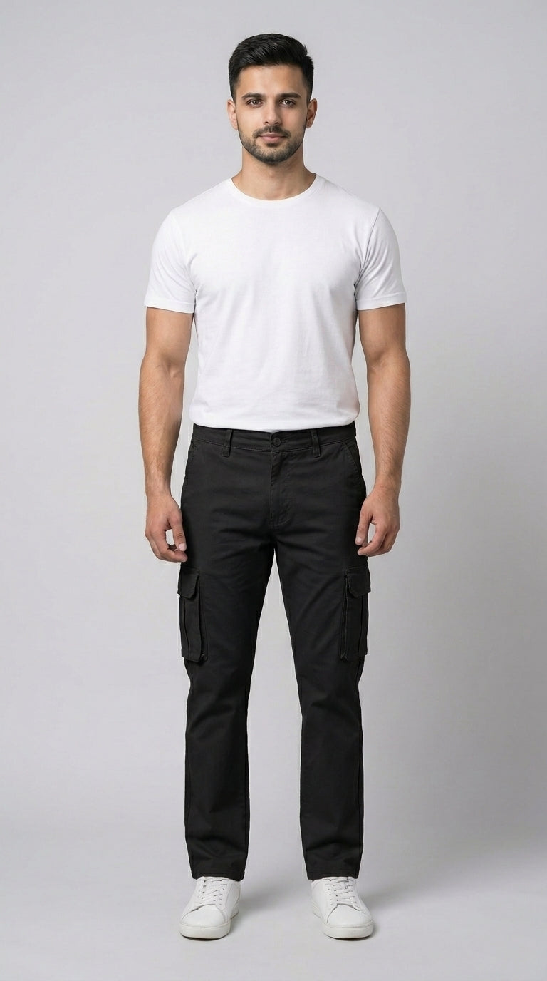 AT7X black straight fit cargo pants for men, front view, Pakistan