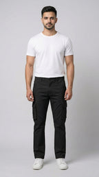 AT7X black straight fit cargo pants for men, front view, Pakistan