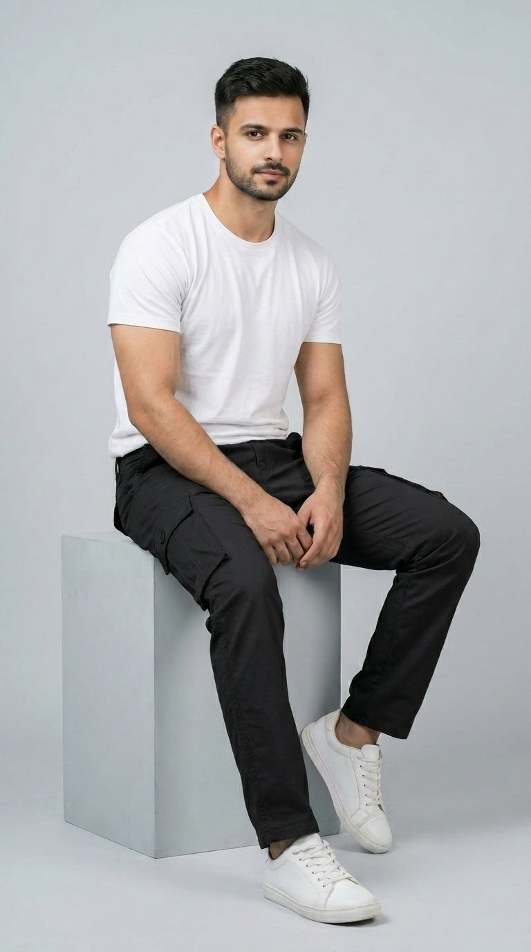 AT7X black straight fit cargo pants for men, back view showing rear pockets