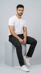 AT7X black straight fit cargo pants for men, back view showing rear pockets