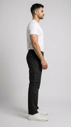 AT7X black straight fit cargo pants for men, cargo side pocket detail