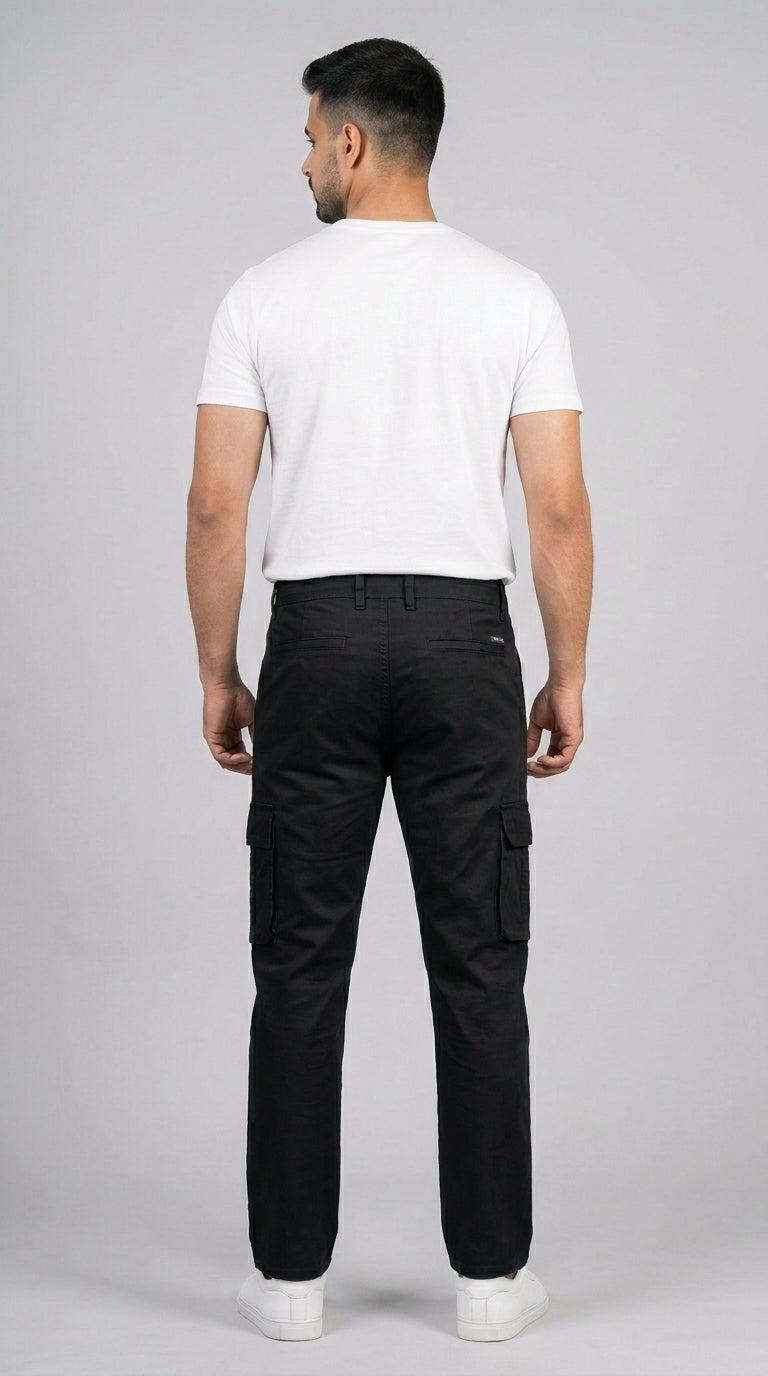 AT7X black straight fit cargo pants for men, full length styled view