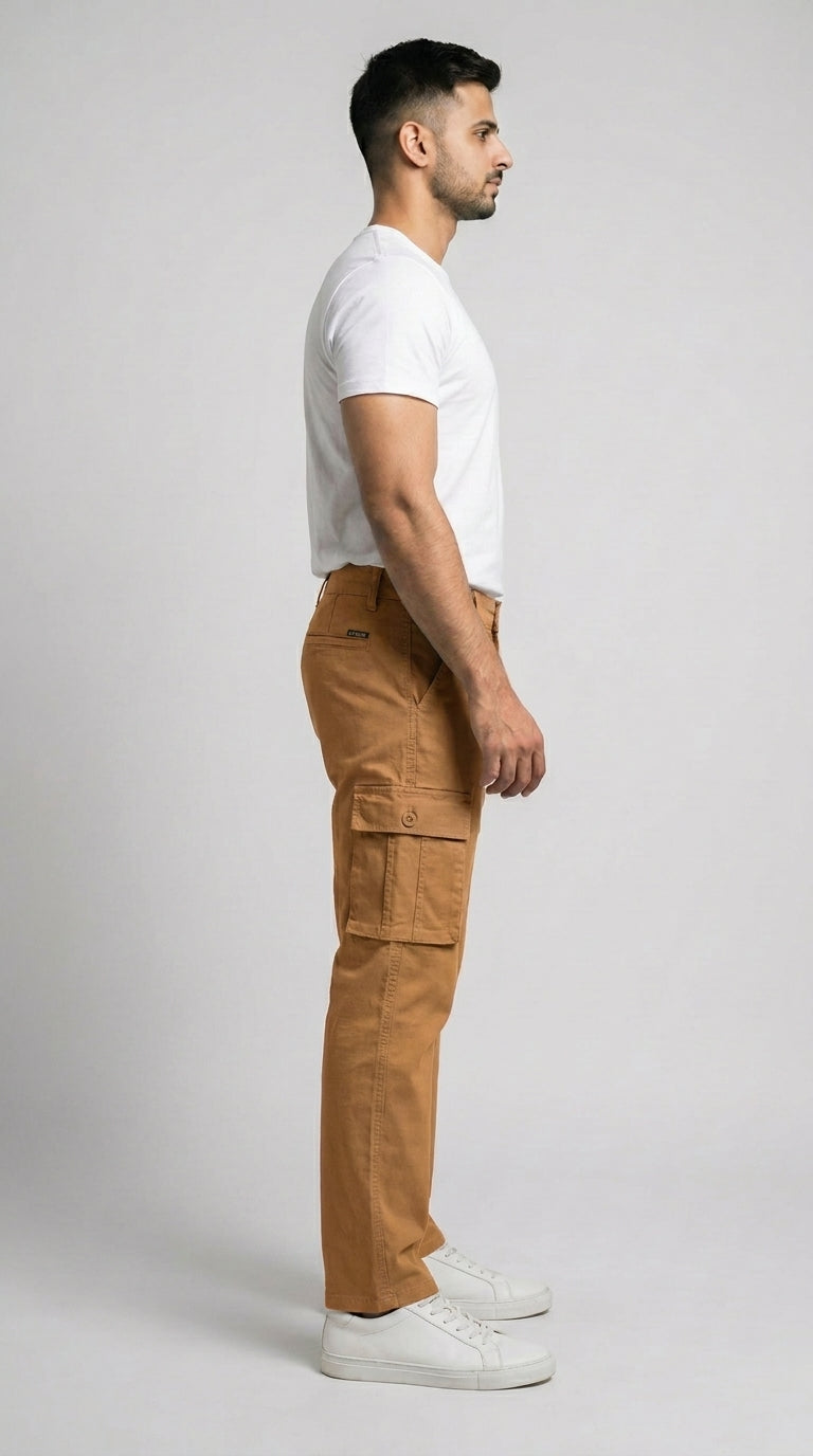 AT7X camel straight fit cargo pants for men, side view