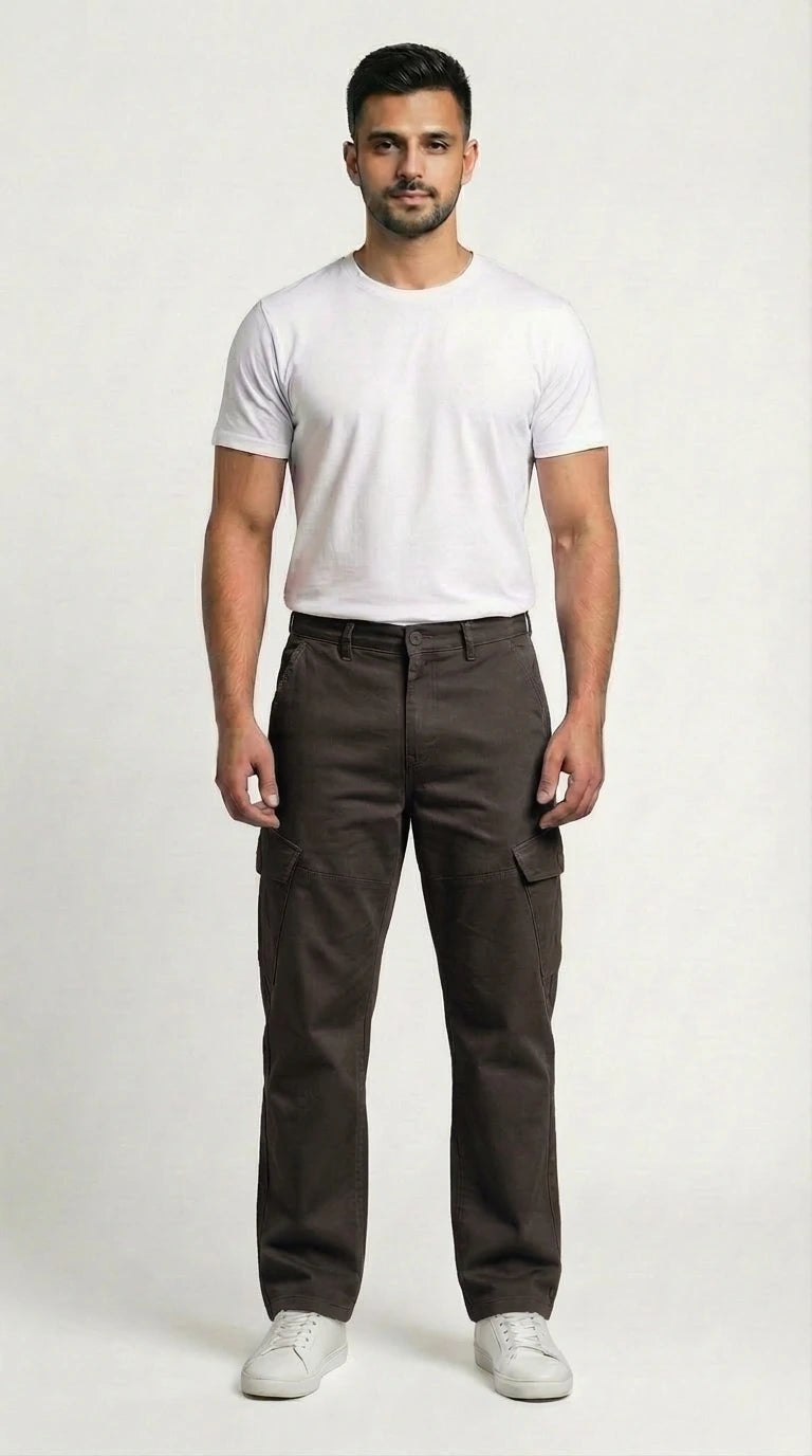 AT7X chocolate brown loose fit cargo pants for men, front view, Pakistan