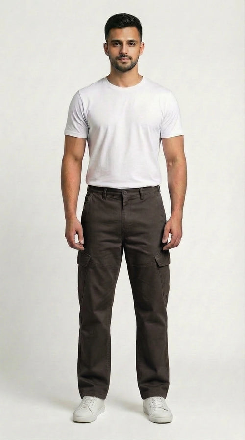 AT7X chocolate brown loose fit cargo pants for men, front view, Pakistan