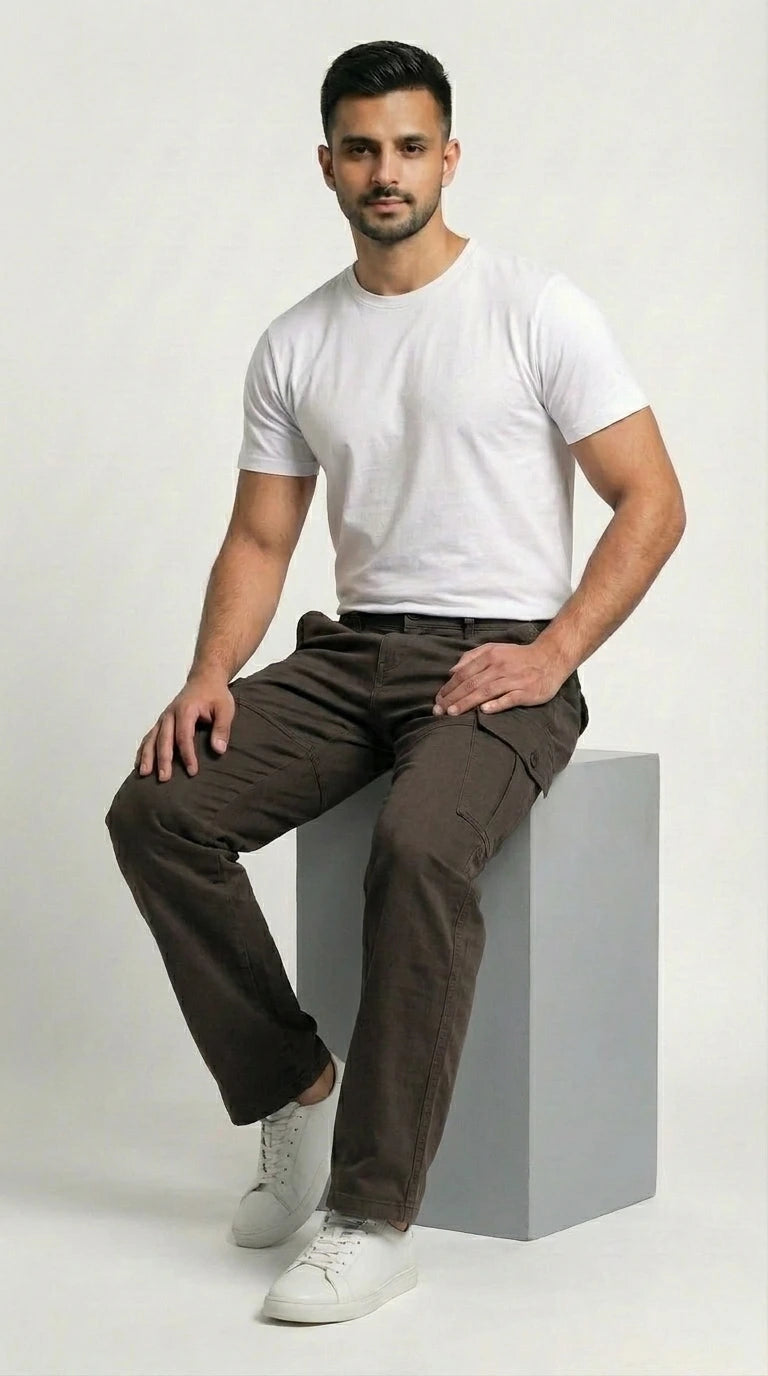 AT7X chocolate brown loose fit cargo pants for men, cargo side pocket detail