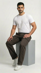 AT7X chocolate brown loose fit cargo pants for men, cargo side pocket detail