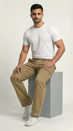 Khaki Beige Loose Fit Cargo Pants for Men in Pakistan | AT7X