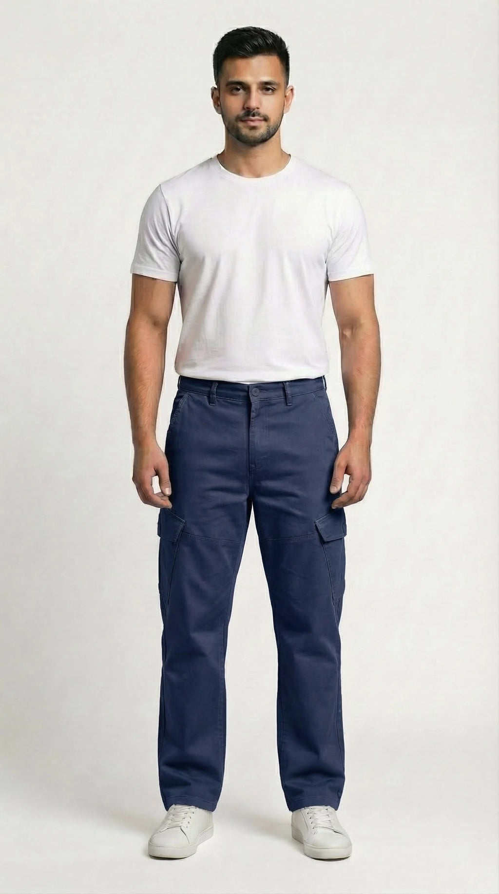 AT7X navy blue loose fit cargo pants for men, front view, Pakistan