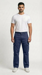 AT7X navy blue loose fit cargo pants for men, front view, Pakistan