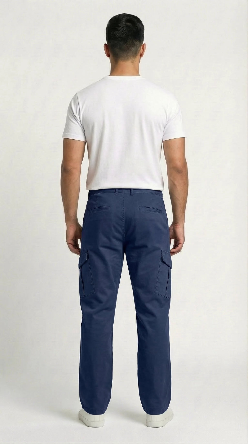 AT7X navy blue loose fit cargo pants for men, full length styled view