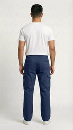 AT7X navy blue loose fit cargo pants for men, full length styled view