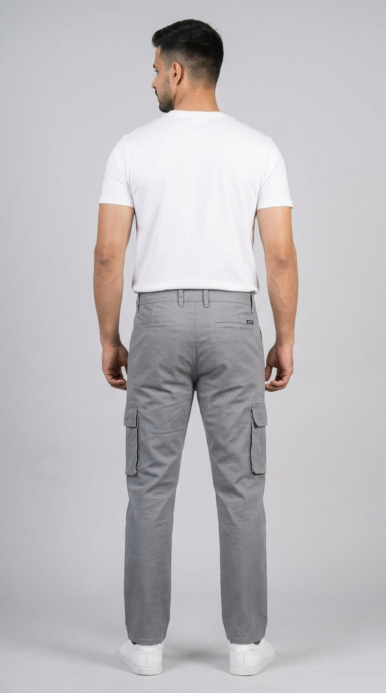 AT7X light grey straight fit cargo pants for men, full length styled view