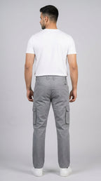AT7X light grey straight fit cargo pants for men, full length styled view