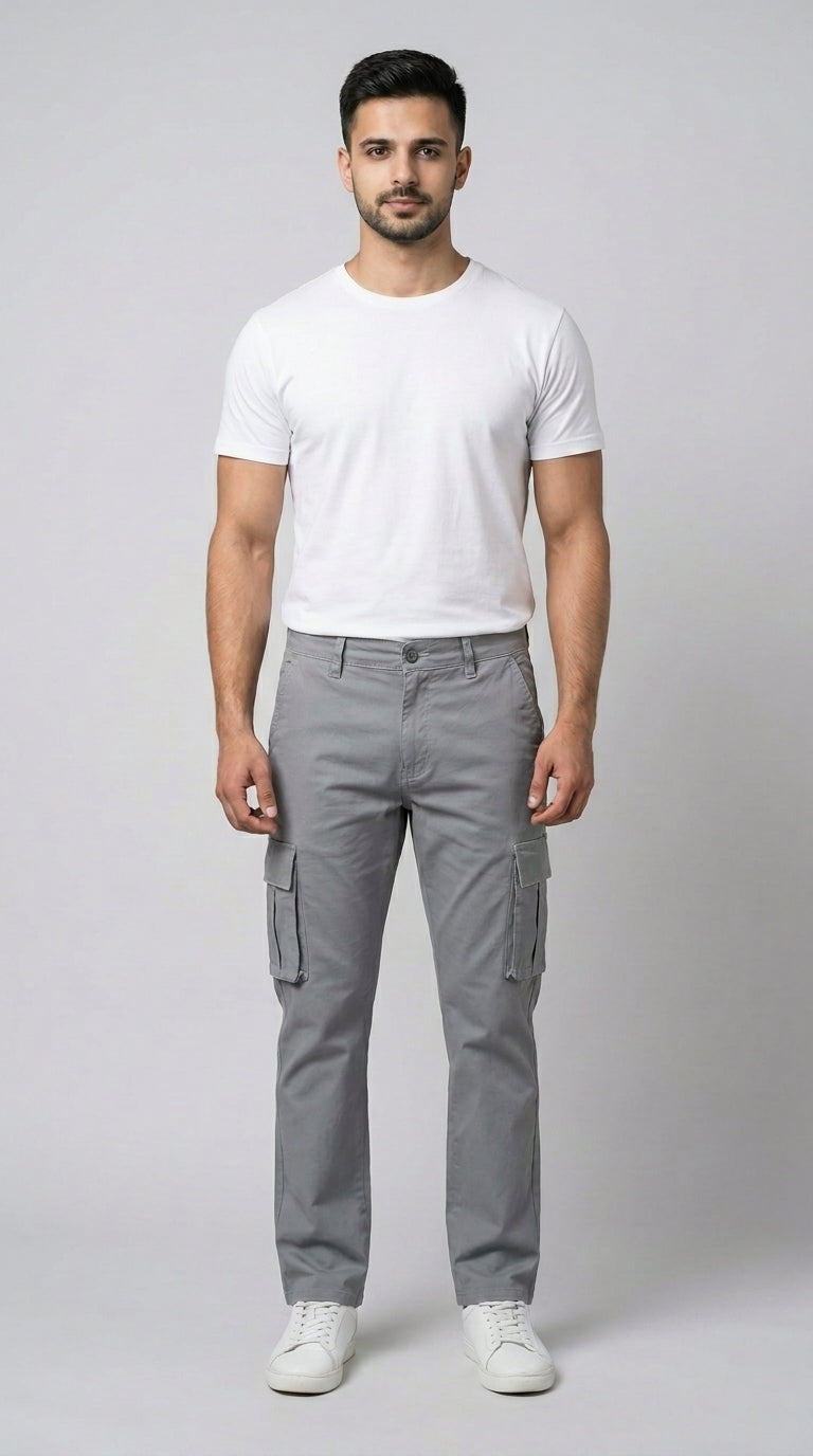 AT7X light grey straight fit cargo pants for men, front view, Pakistan